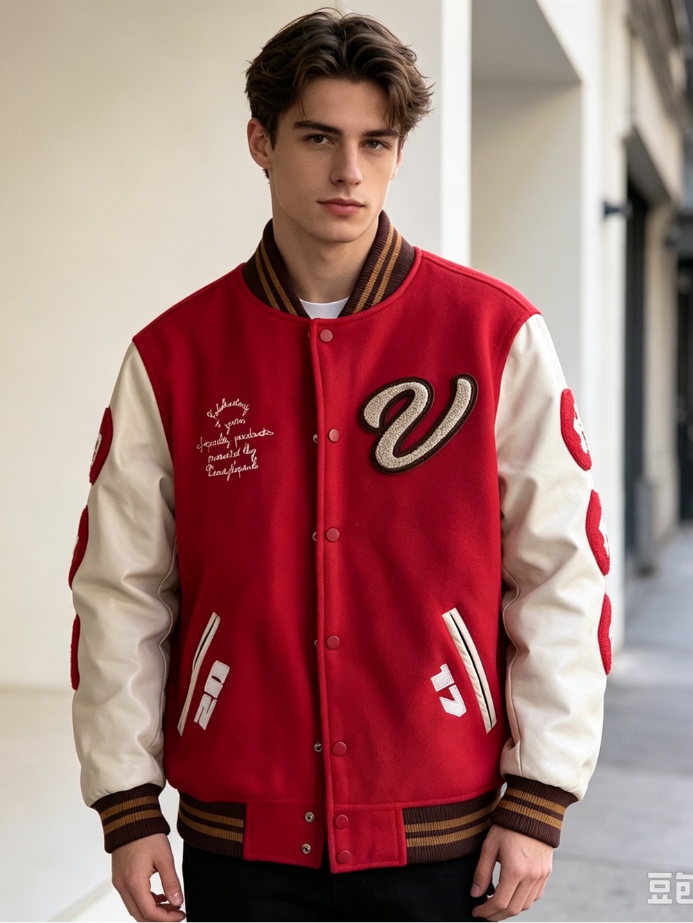VandyThePink Men’s Red White Varsity Jacket Snap Front Embroidered Pockets Large